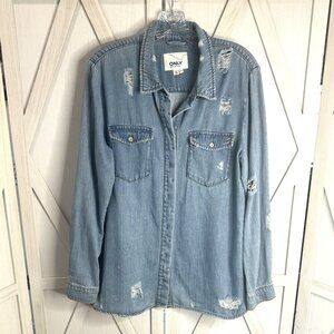 ONLY Blue Denim Milton Destroyed Button Down Shirt